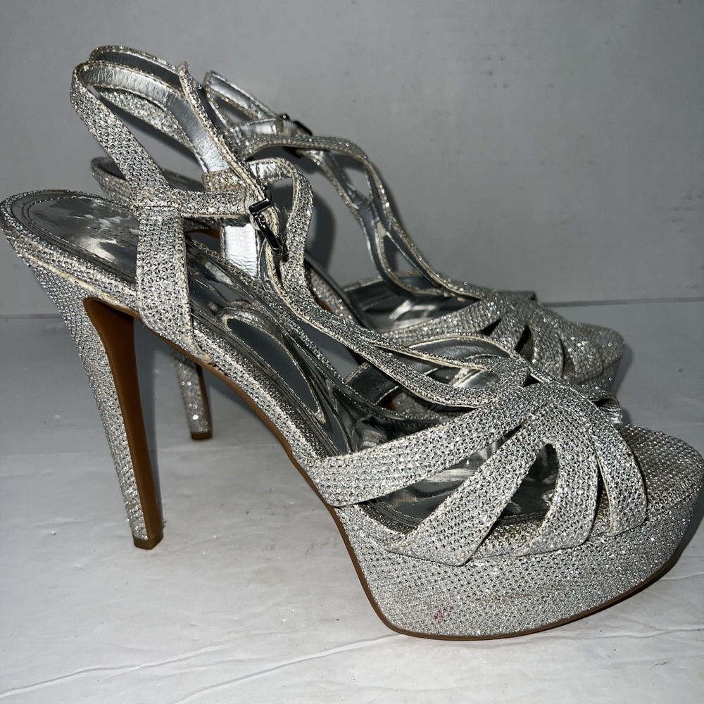 Gianni Bini Heels Womens 9.5M Silver Sparkled Rhinestones Stiletto Peep Toe Shoe